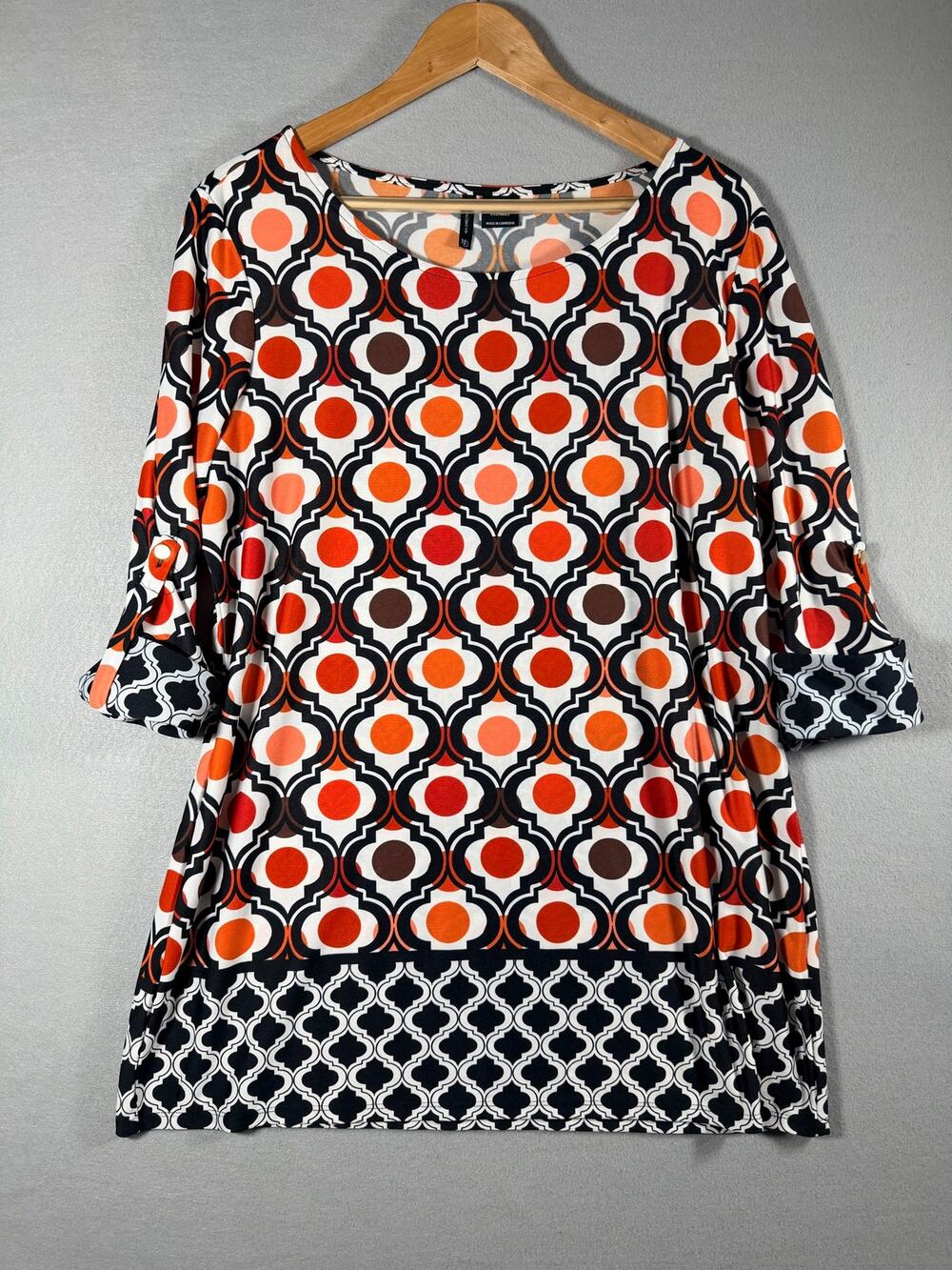 New Directions Womens Tunic Top XL Retro Geometric Print Orange Roll Tab Sleeve
